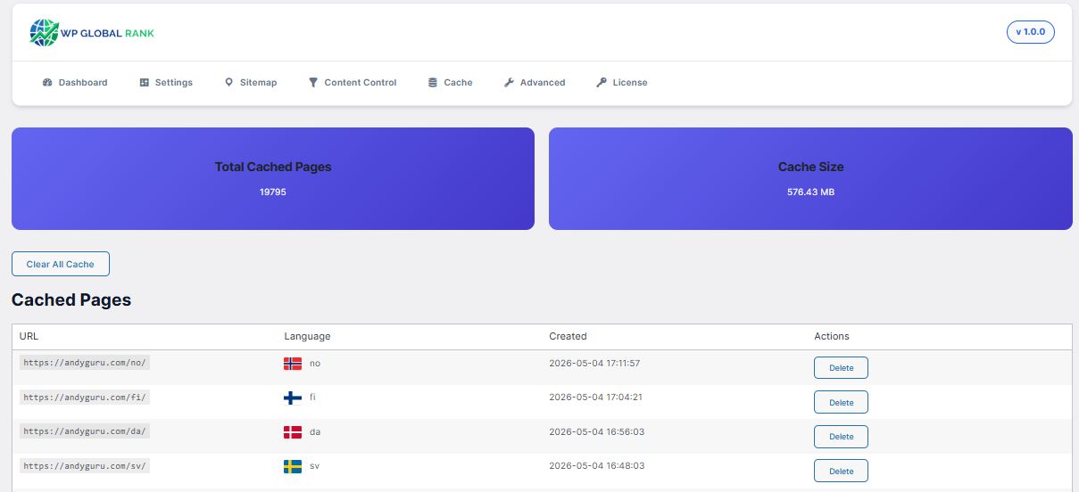 WordPress auto translate plugin caching settings screenshot