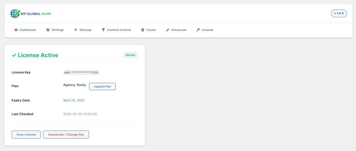WP Global Rank license key activation screenshot