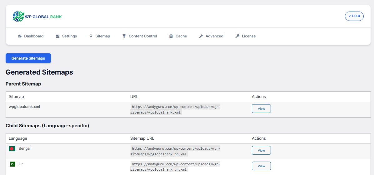 WordPress multilingual sitemaps screenshot